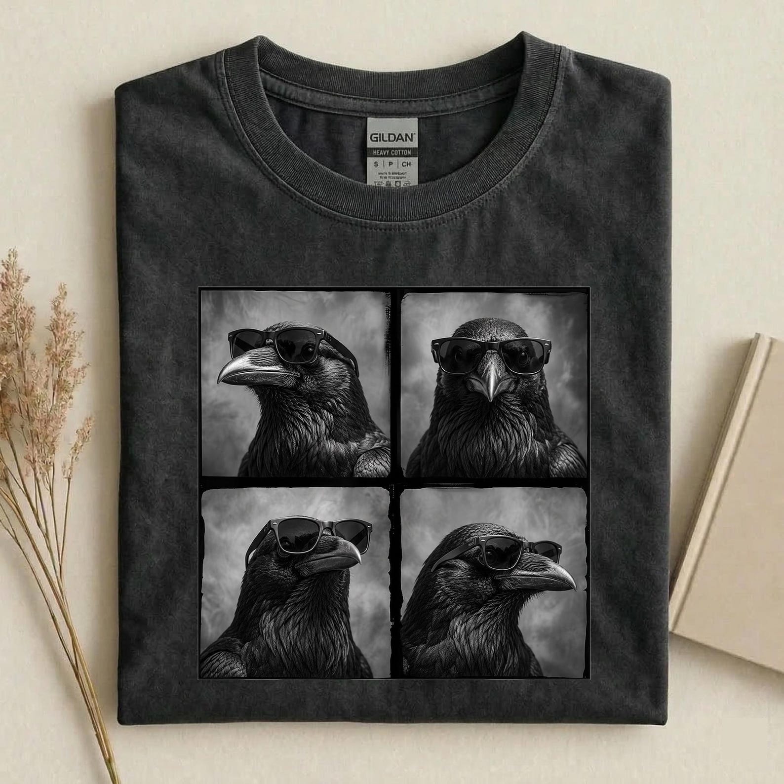 Cool Raven Sunglasses Shirt, Funny Raven Lover T-Shirt, Gothic Bird Graphic Tee, Vintage Crow Shirt, Retro Raven Collage Tee L
