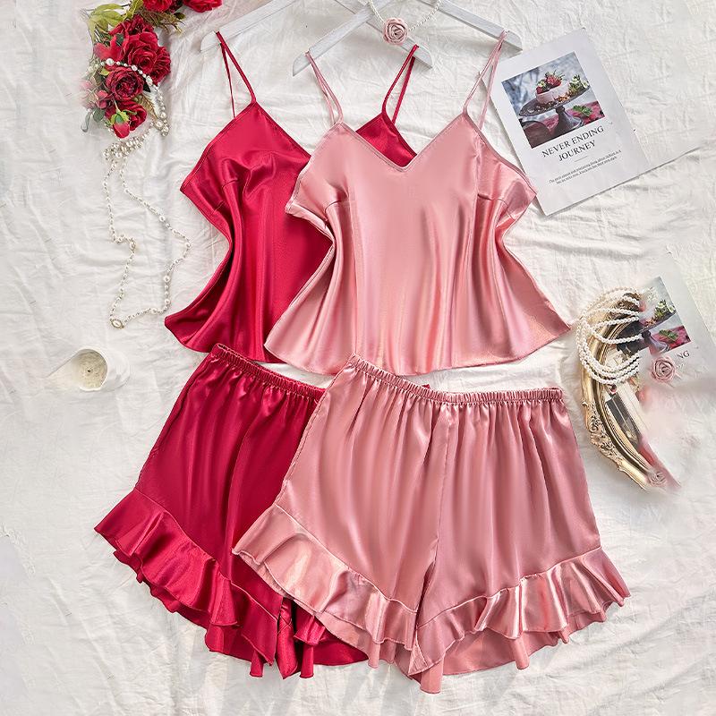 Large-sized Women's Ice Silk Home Wear, Simple and Thin Imitation Silk Pajamas, Fashionable Lace-up Casual Pajamas