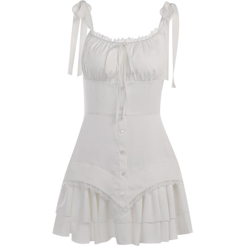 Elegant Sexy Y2k Lace-up Party Mini Dress Women Sexy Vintage Flounce Streetwear Dresses Fashion Chic Solid Pleated Beach Clothing