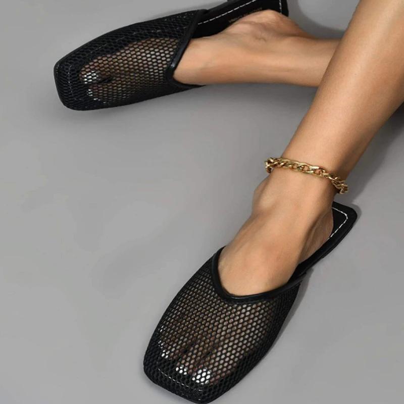 Women's Slippers New Fashion Mesh Flat Bottom Square Toe Flip Flops Hollow Casual Simple Sandals Ladies Plus Size Chinelo Nuvem