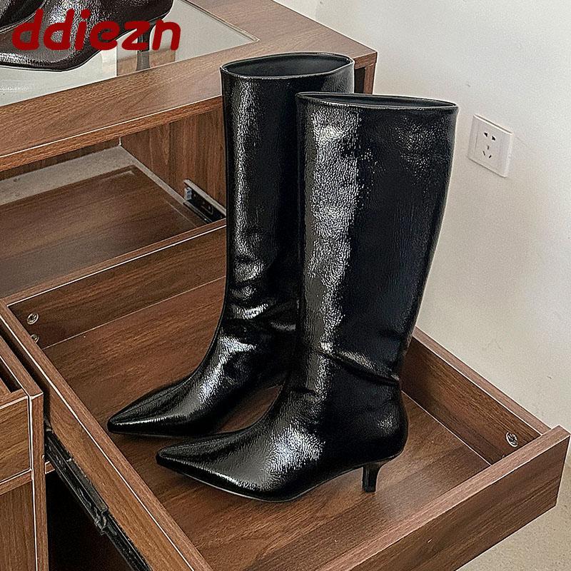 Fashion Fashion Low Heel Women Knee High Boots Slip On Shoes Female Winter Autumn Pointed Toe Party Ladies Long Modern Boots Shoes