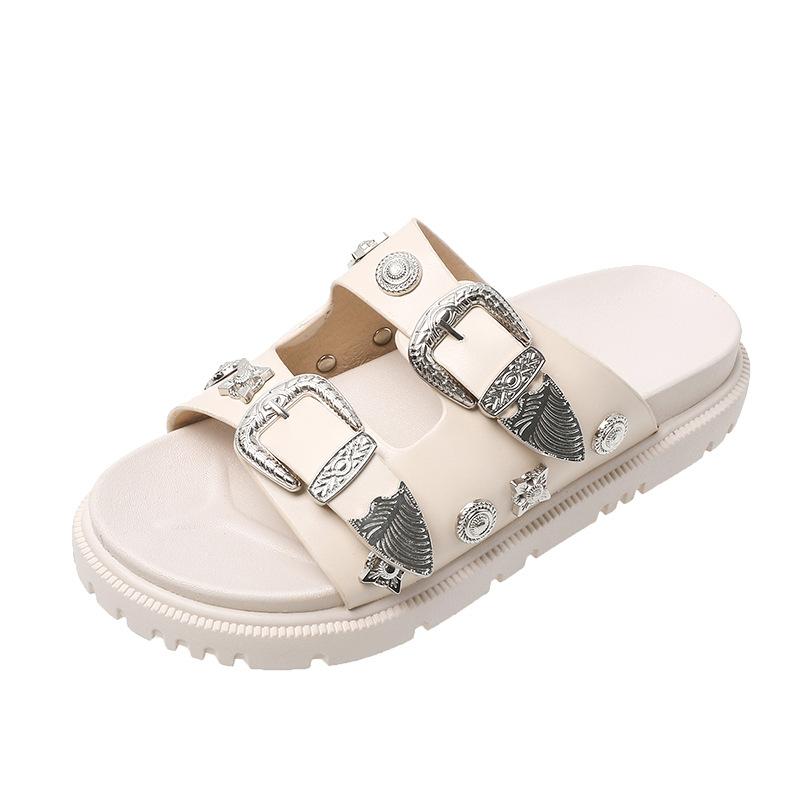Black Sandals for Women Punk Slippers Studded Buckle Decor Open Toe Women Shoes Comfortable Platform Women Beach Shoes sandalias