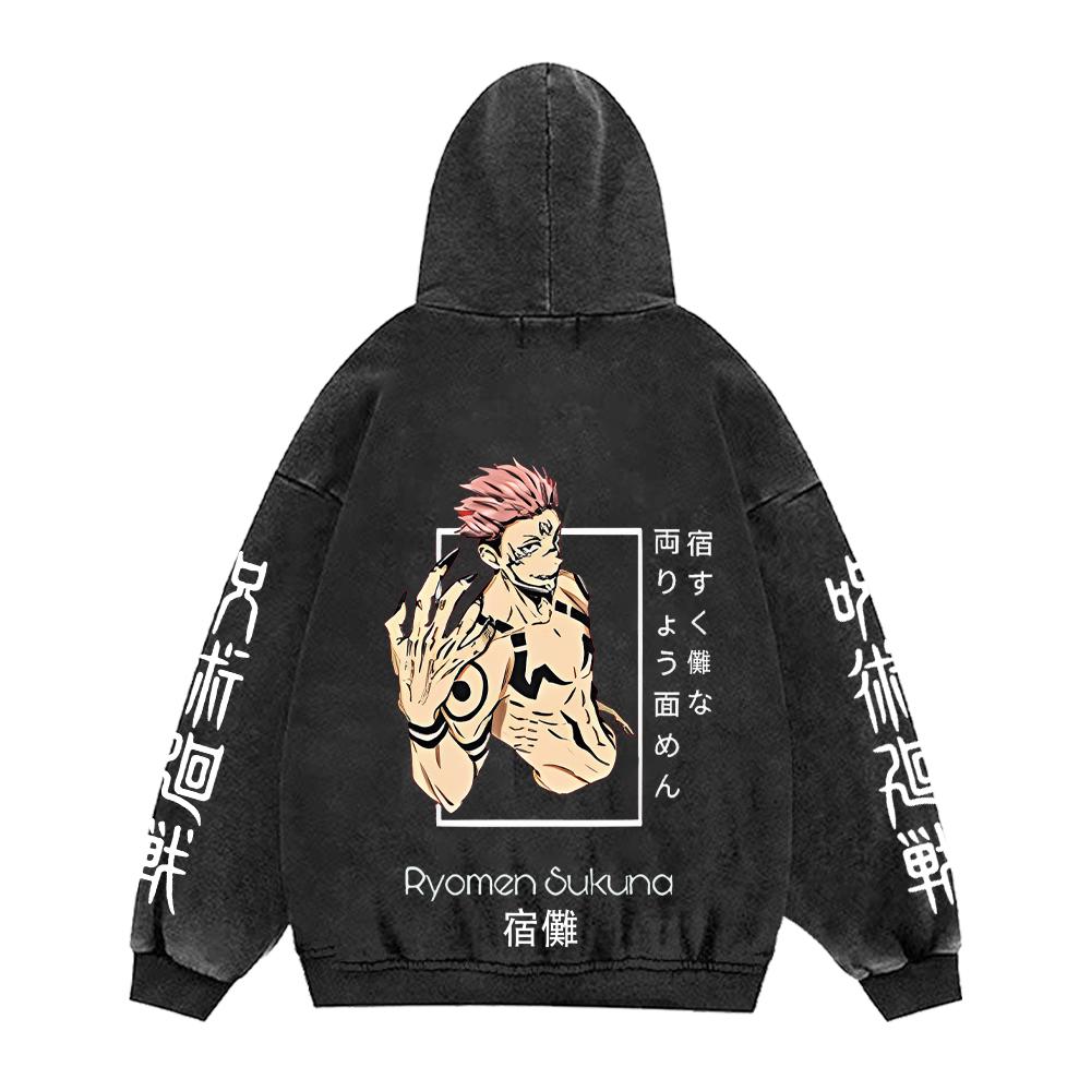 Jujutsu Kaisen Anime Clothing Ryomen Sukuna Logo Graphic Hooded Men Washed Hoodies Vintage Cotton Streetwear Harajuku Sweatshirt