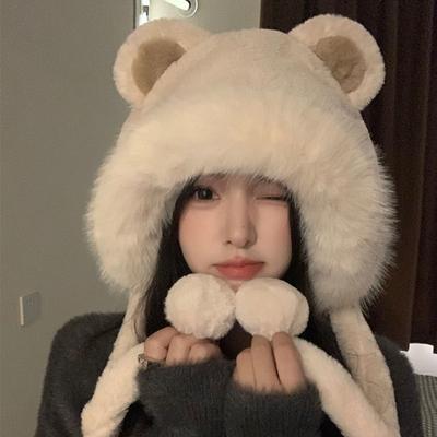Warm Faux Fur Bucket Hat Plush Women Fluffy Hats Trendy Cute Bear Ear Hat  Winter