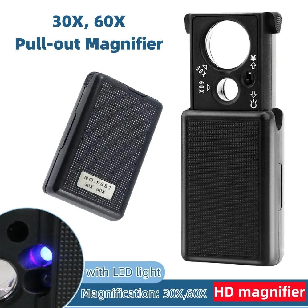 Handheld 30X 60X Magnifier with LED UV Light Mini Portable for Jewelry Inspection Currency Detection Coin Stamp Verification