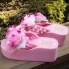 Pink Women's Floral Platform Flip Flops Rose Pearl Embellished Wedge Sandals Thick Sole Summer Slides Beach Fashion Slippers
