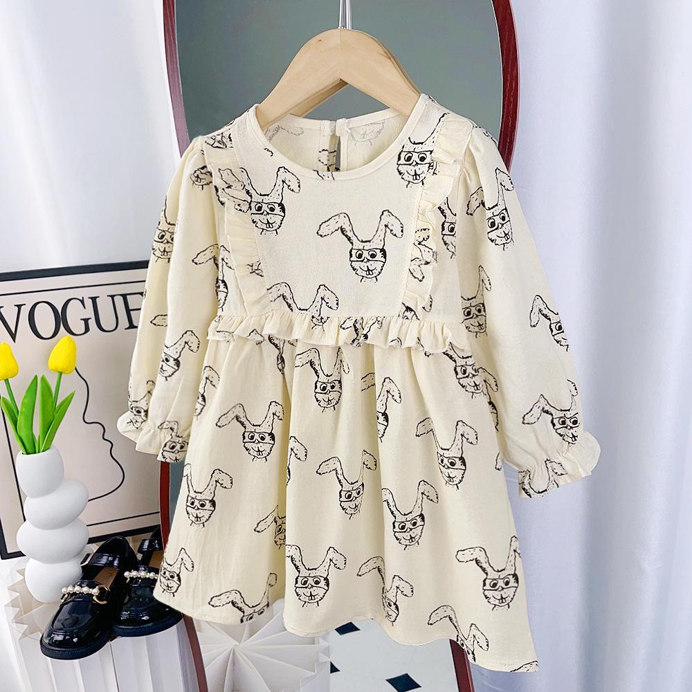 Baby Girl Long Sleeve Dress Cute Rabbit Print Ruffle Hem Spring Autumn Toddler Kids Princess Dress 90cm бежевый