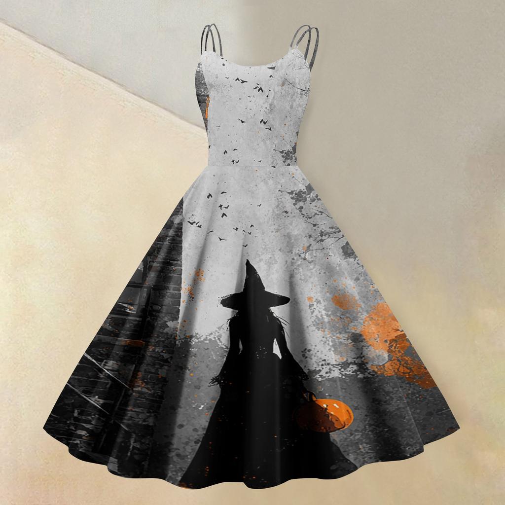 Women's Sleeveless Casual Dress Halloween Print Round Neck Vintage Style Spaghetti Strap Midi Dress for Daily Wear and Seasonal Events
