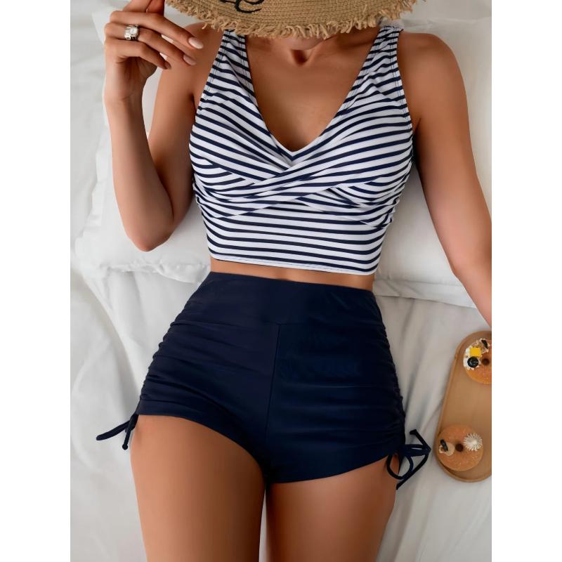 Sexy Drawstring Side High Waist Bikini Set Women Black Stripe Push Up 2 Piece Swimsuit Summer Holiday Bathing Suit