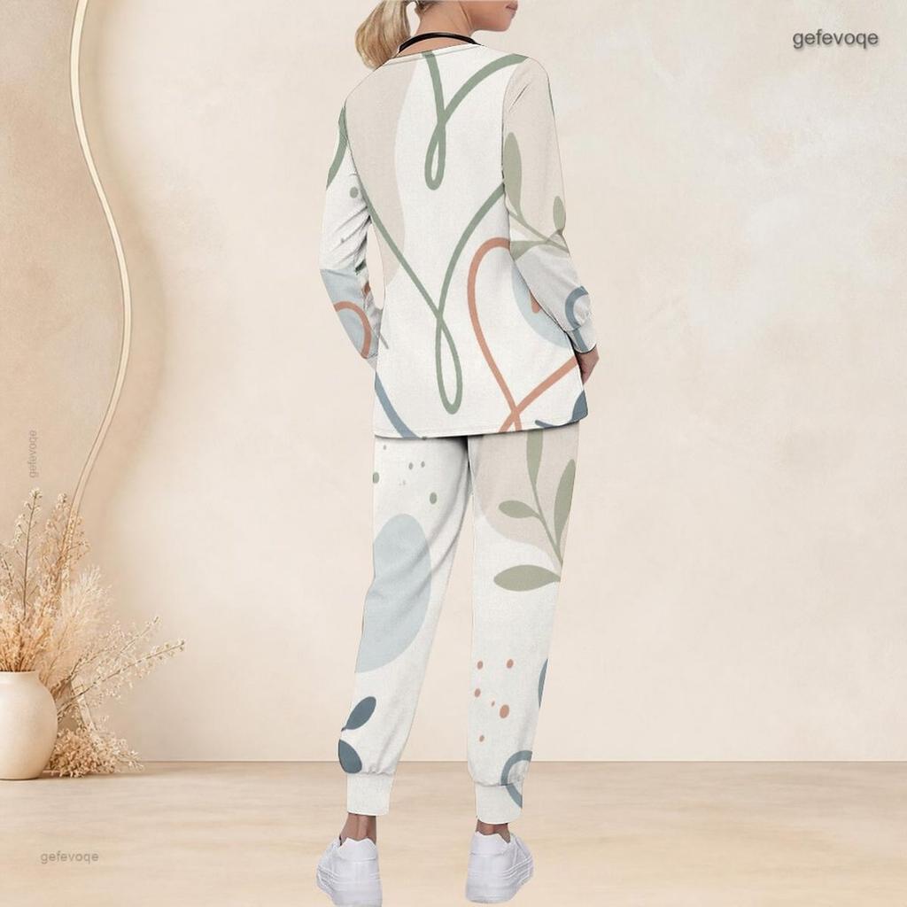 Women Plus Size V Neck Long Sleeve Scrub Set Boho Sun Heart Wave Star Art Print Nurse Uniform Set