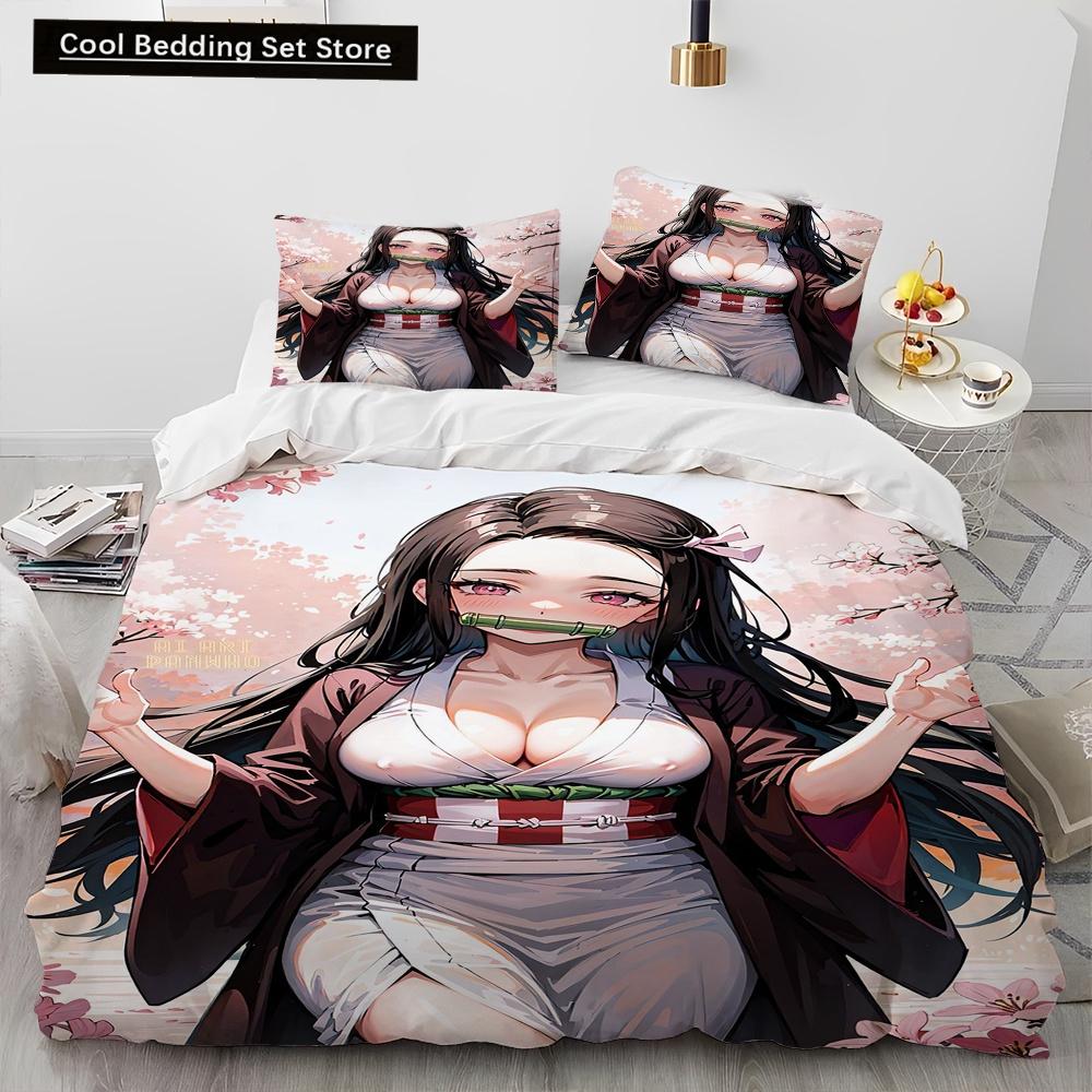 Demon Slayer Bedding Set Kamado Nezuko Duvet Cover Set Bedspread Pillowcase King Queen Full Single Size Bed Linen Kids Teen Gift