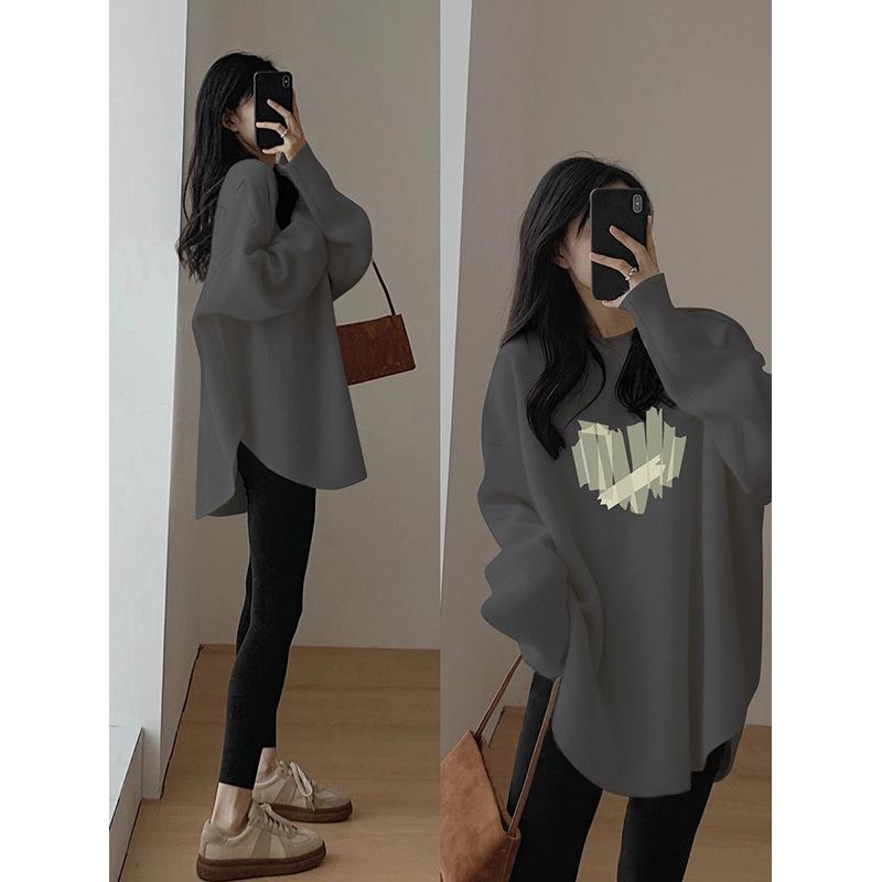 Women's Round Neck Long Sleeve Printed Oversized Korean Style Tunic Top Mid Length Casual Tee for Leggings Matching Outfits