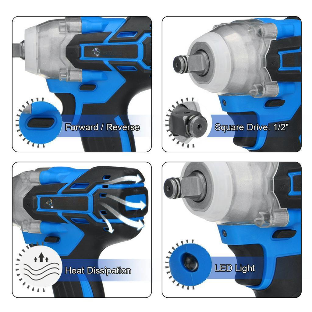 588V Brushless Electric Impact Wrench 580N.M Rechargeable Cordless Wrench Power Tool with 1/2 Li-ion Battery