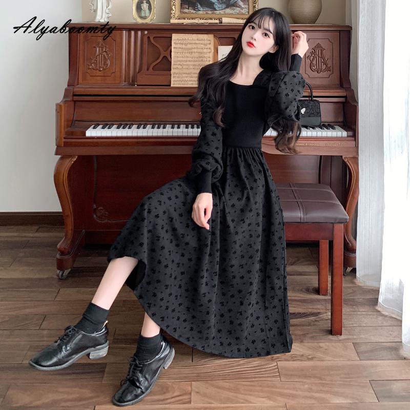 

Осень Зима Элегантная Мода Большой Размер Женское Миди Платье Квадратный Вырез Черное Темно-зеленое Цветочное Вязаное Вельветовое Платье Повседневное Свободное Винтажное Платье M чёрный