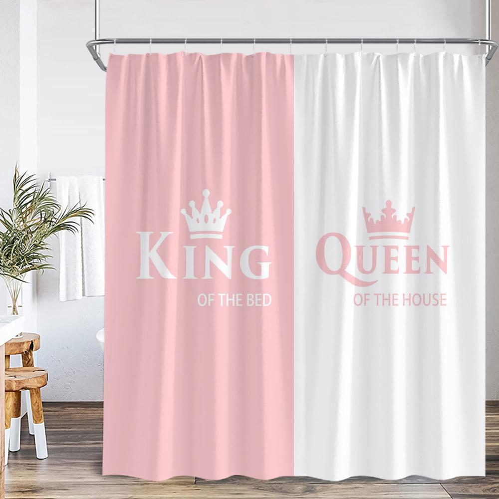 Crown Queen And King Shower Curtain Black White Pink Red Background Mrs Mr Right Couple Lover Polyester Bathing Decor Curtain
