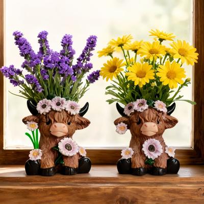 Vaso Mucca Scozzese Mucca Carina e Fiore Vaso in Resina Fioriera Decorativa Senza Foro di Drenaggio