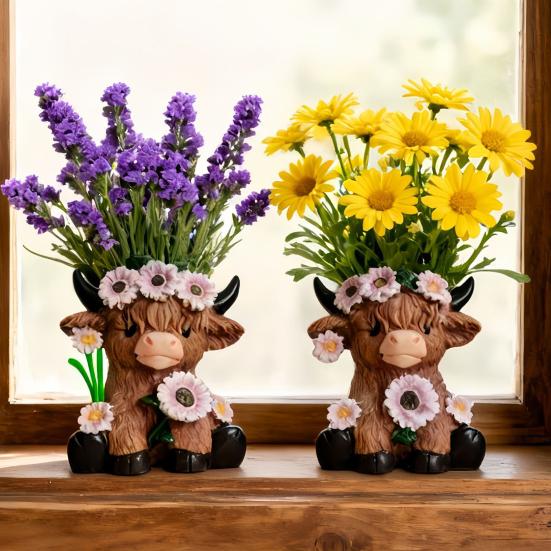 Highland Cow Vase Cute Cow And Flower Resin Vase Decorative Planter Without Drain Hole