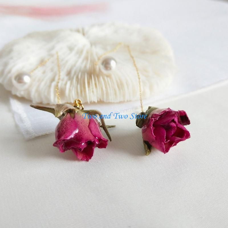 HX6F Classy Red Rose Flower Dangle Earrings Long Chain Earrings for Mother s Day CN