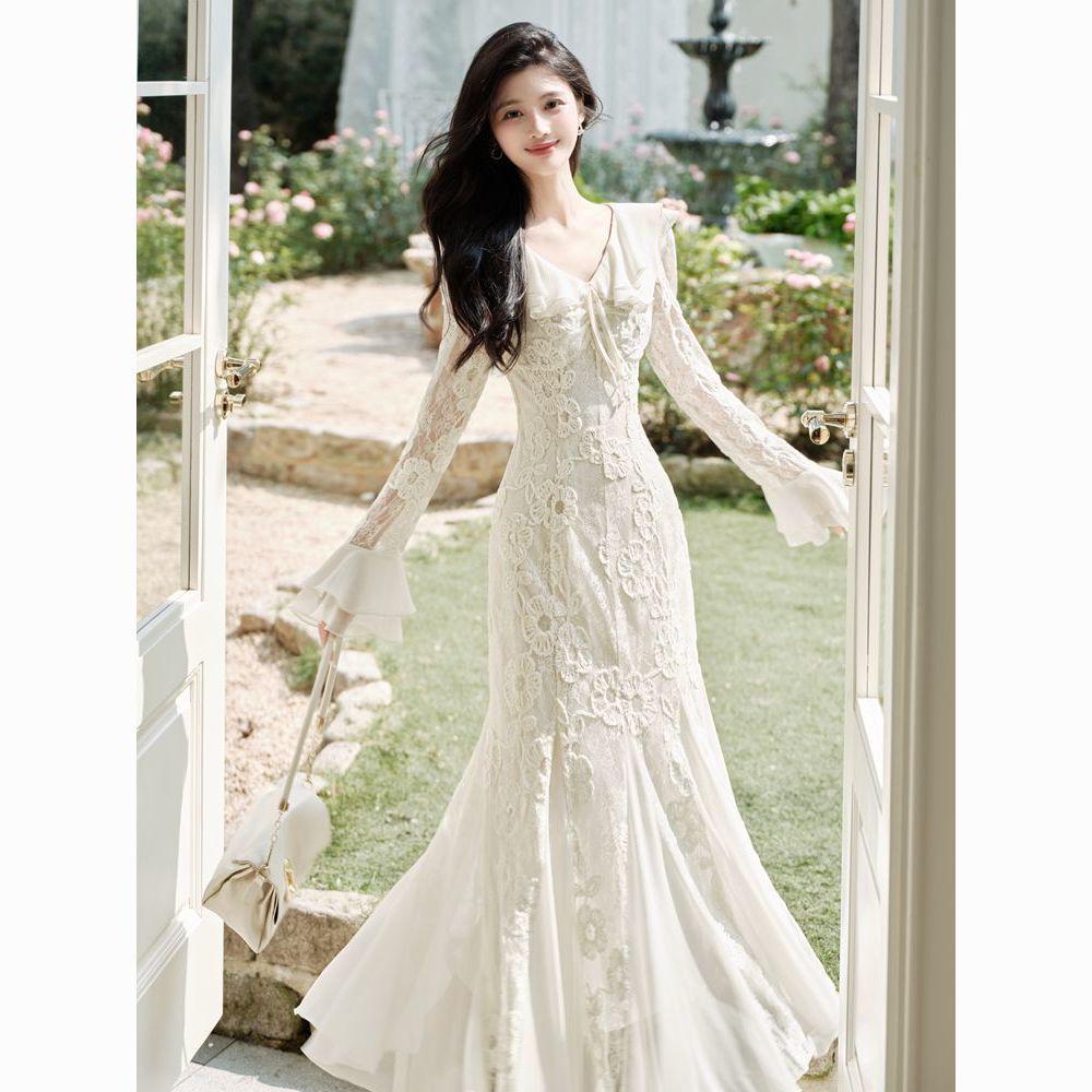 Women's V-Neck Lace Embroidered Mermaid Dress with Long Sleeves - French Gentle Style for Autumn
