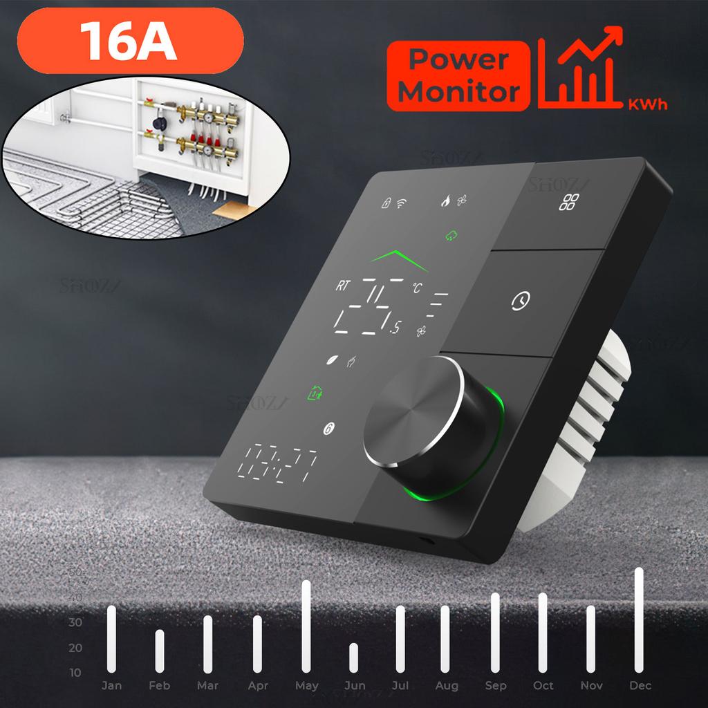 Tuya WiFi Smart Thermostat with Power Monitoring, Voice Control for Film Infrared Electric Warm Floor Heating System, 16A