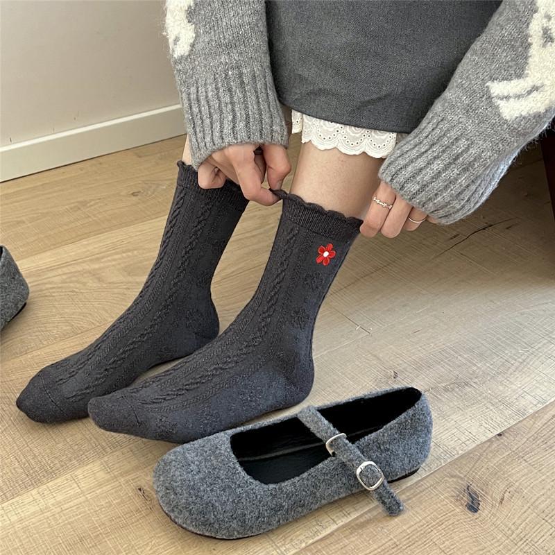 2025 Women's Mid-Calf Socks: Autumn/Winter Style with Little Red Flower Embroidery, Sweet Rabbit Velvet, Thickened for Warmth