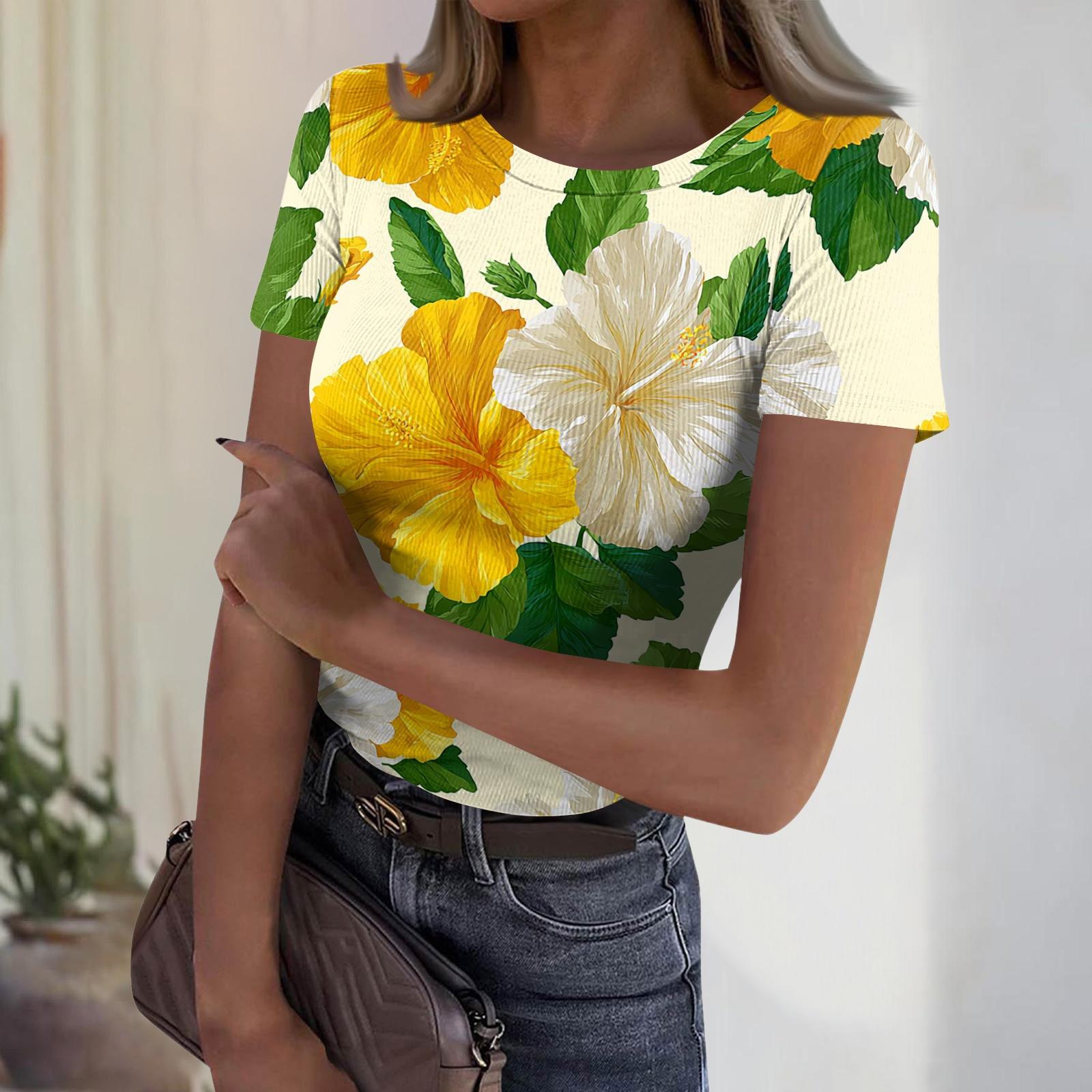 

Women s Casual Fashion Round Neck Hawaiian Print Short Sleeve Ribbed Top XL жовтий