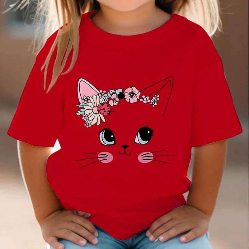 Summer Kids T Shirt Flower Cat Graphic Shirt Girls Floral Funny Tops White Short Sleeve Wild Tee Cute Animal Cartoon Cat T-shirt