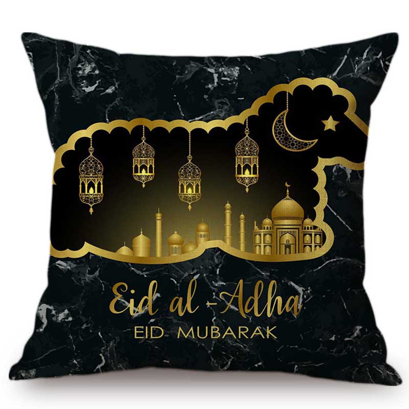 Muslim Arabic Eid Al Adha Mubark Decorative Pillow Case Black Marble Blue Brown Islamic Lantern Ornamental Design Cushion Cover
