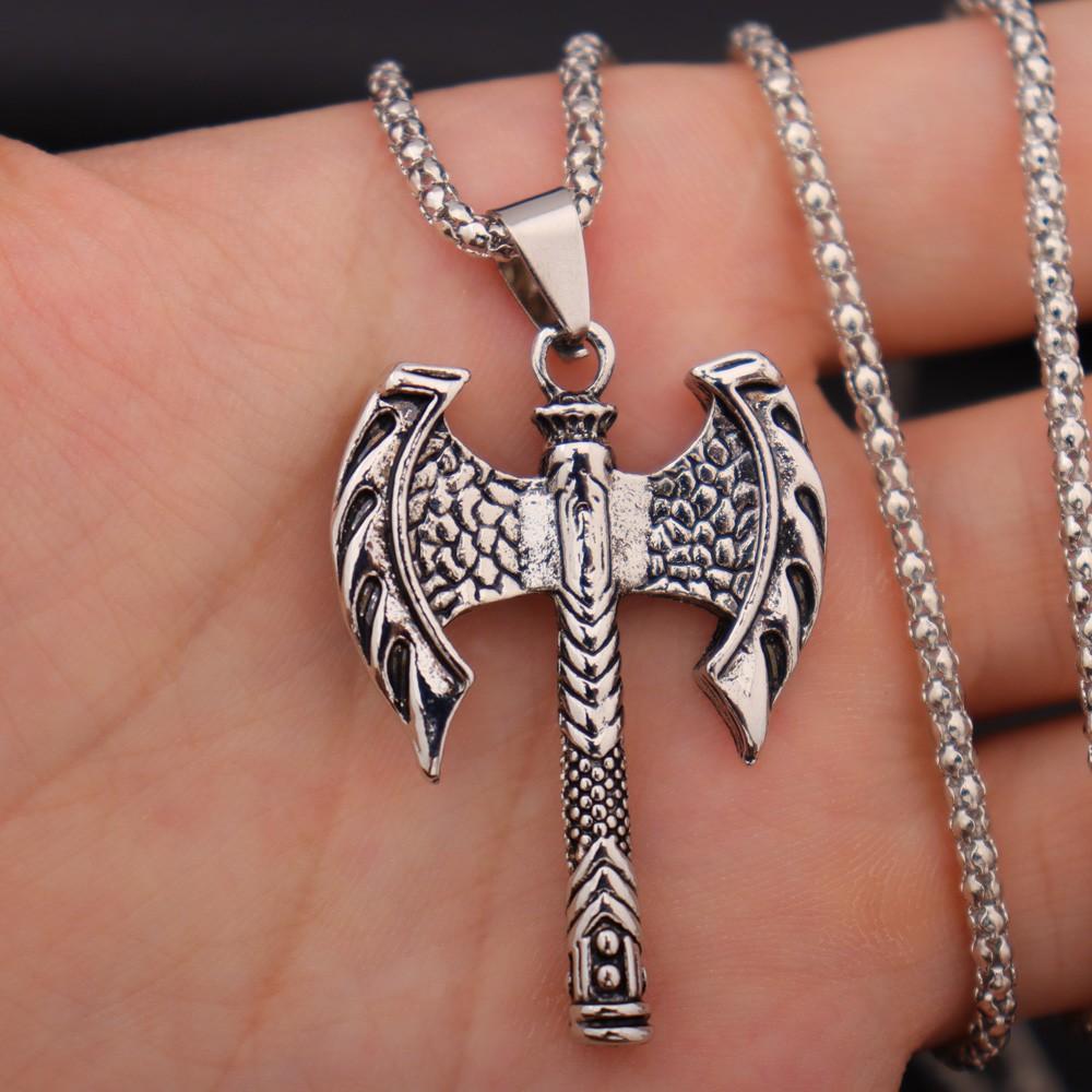 Trendy Retro Crow Prairie Wolf Double Sided Viking Tomahawk Pendant Necklace Charm Men's Necklace Metal Accessorie Party Jewelry