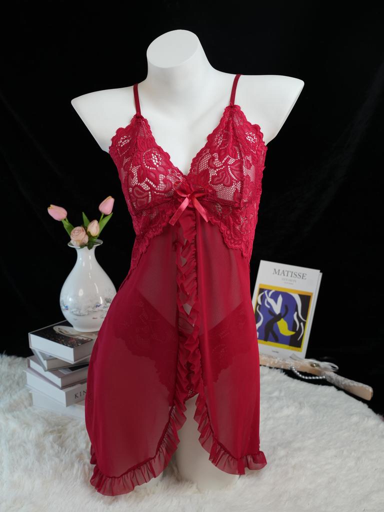 Thin Style G-string Contrast Lace Ruffle Trim Lingerie Set Deep V Slip Dress Thing Women's Sexy Lingerie Lenceria Mujeres wine red