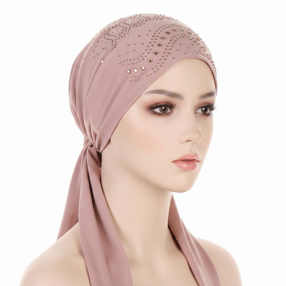 Solid Color Muslim Headscarf Hat Thin Summer Rhinestone Hijab Caps Ramadan