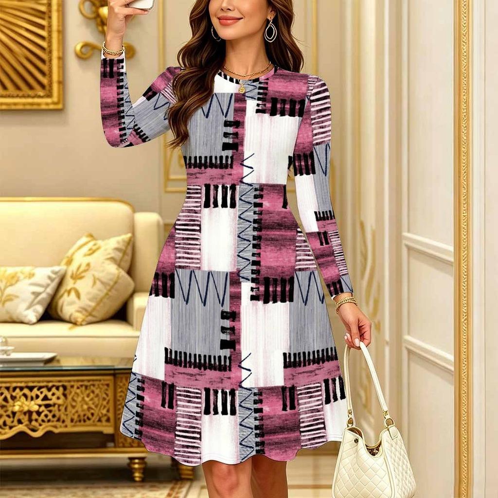 Women Long Sleeve Round Neck Midi Dress Boho Tie Dye Star Floral Dot Print Flared Casual Dress