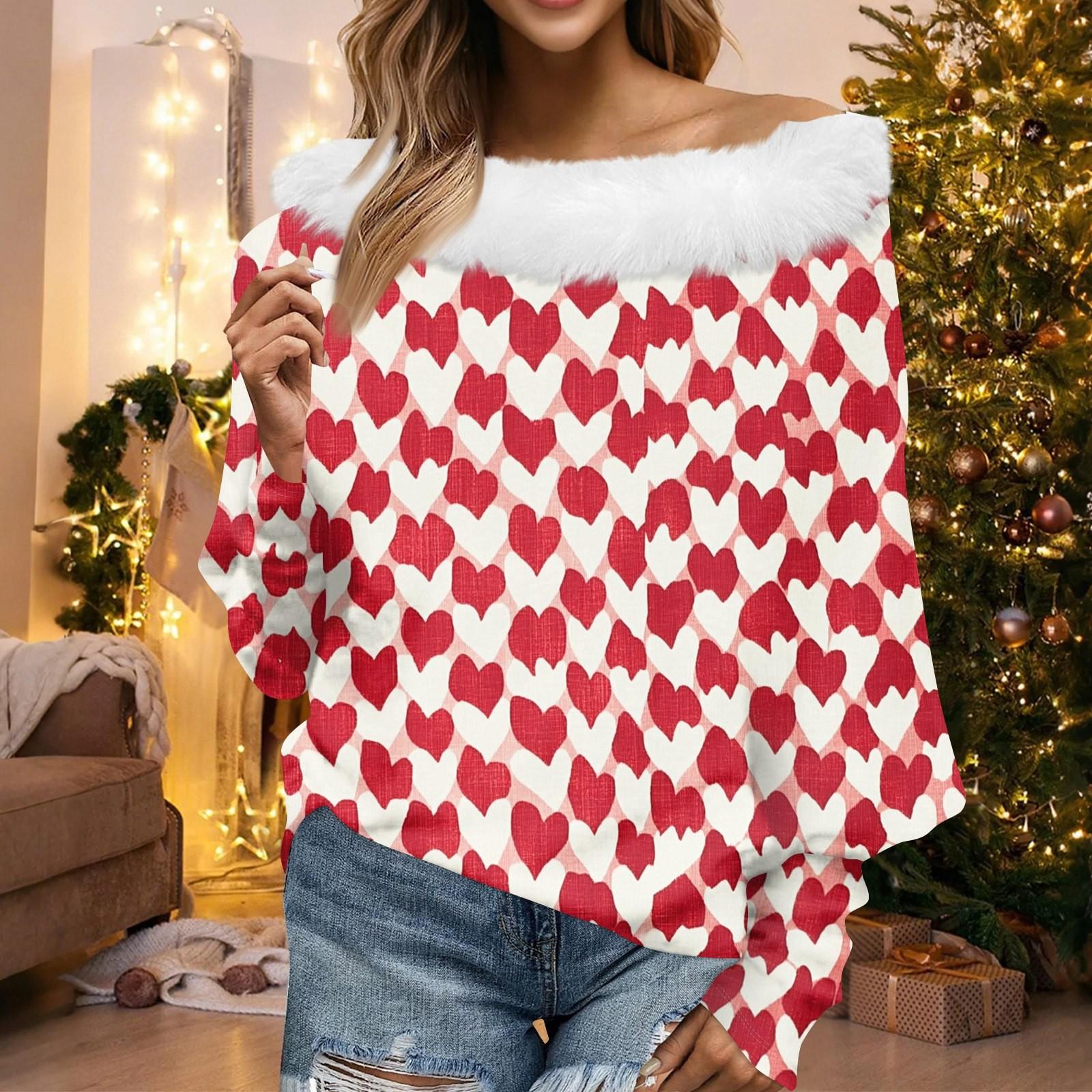 

Женский свободный повседневный топ с открытыми плечами и принтом ко Дню святого Валентина из плюша в стиле пэчворк с линией горловины S красный