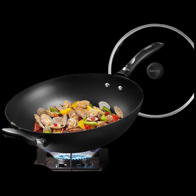 SUPOR 32cm Cast Iron Wok with Glass Lid