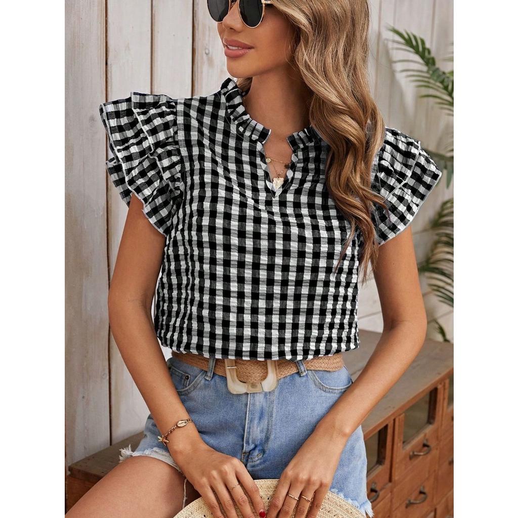Summer Women Sweet Cute Plaid Short Sleeve Top Double Layer Ruffle Hem Blouse