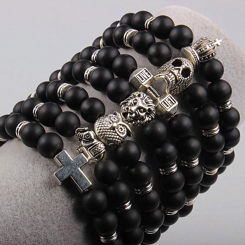 Natural Matte Frosted Volcanic Stone Bracelet with Lion Head Beads