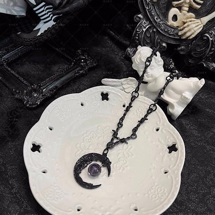 Sweet Thorns Gothic Halloween Necklace with Amethyst Moon
