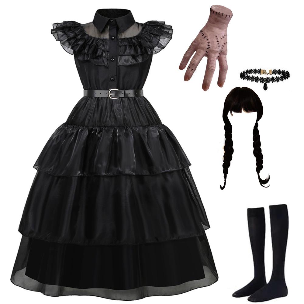 Abito da sera in rete da ragazza per cosplay della Famiglia Addams di Mercoledì con accessori (Taglia unica)