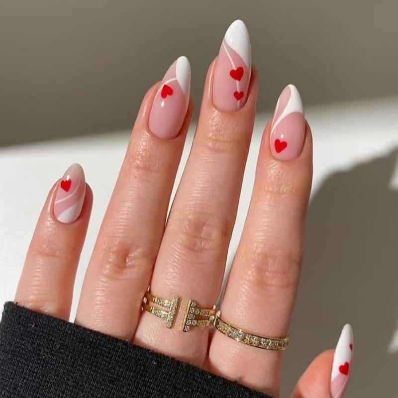 Valentine's Almond Press-on Nails: 24-Piece Heart & French Tip Set In Pink & White