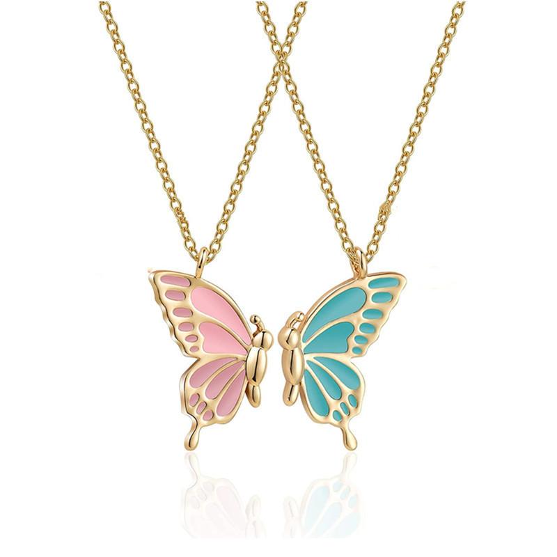 Two-piece gold, blue, and pink butterfly friendship necklace set - a simple and versatile two-piece set for women, suitable for
