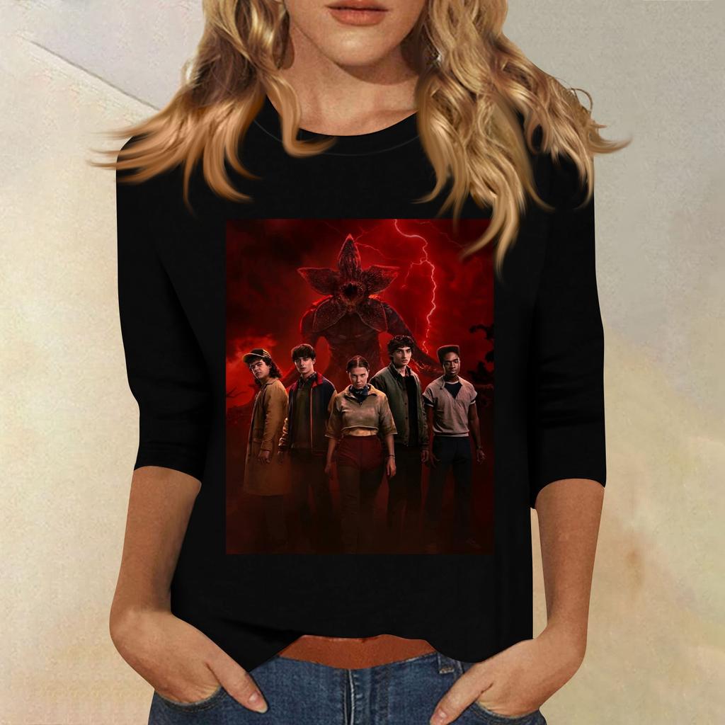 Bluze cu mânecă 3/4 pentru femei Tricou Casual Topuri cu imprimeu Tricou Gât rotund Pulover Bluză