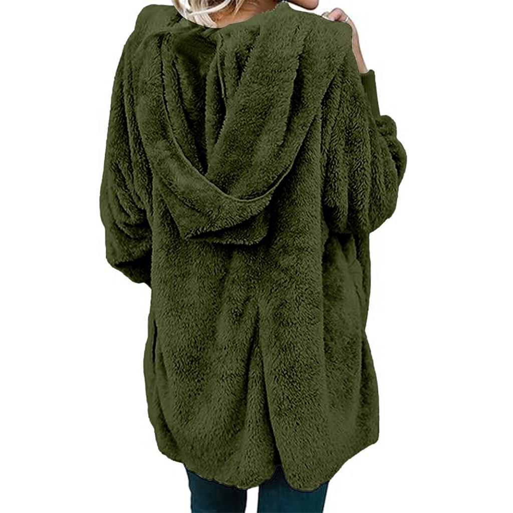Women's Fashion Loose Hooded Jacket Plush Long Sleeve Cardigan Solid Color Coat