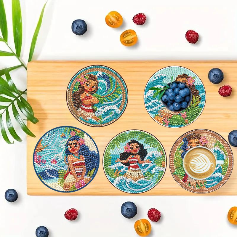 8 pieces/set Disney Moana Series Diamond Painted Coasters DIY Diamond Art Coasters 5D Full Diamond Diamond Coasters Acrylic Round Cups