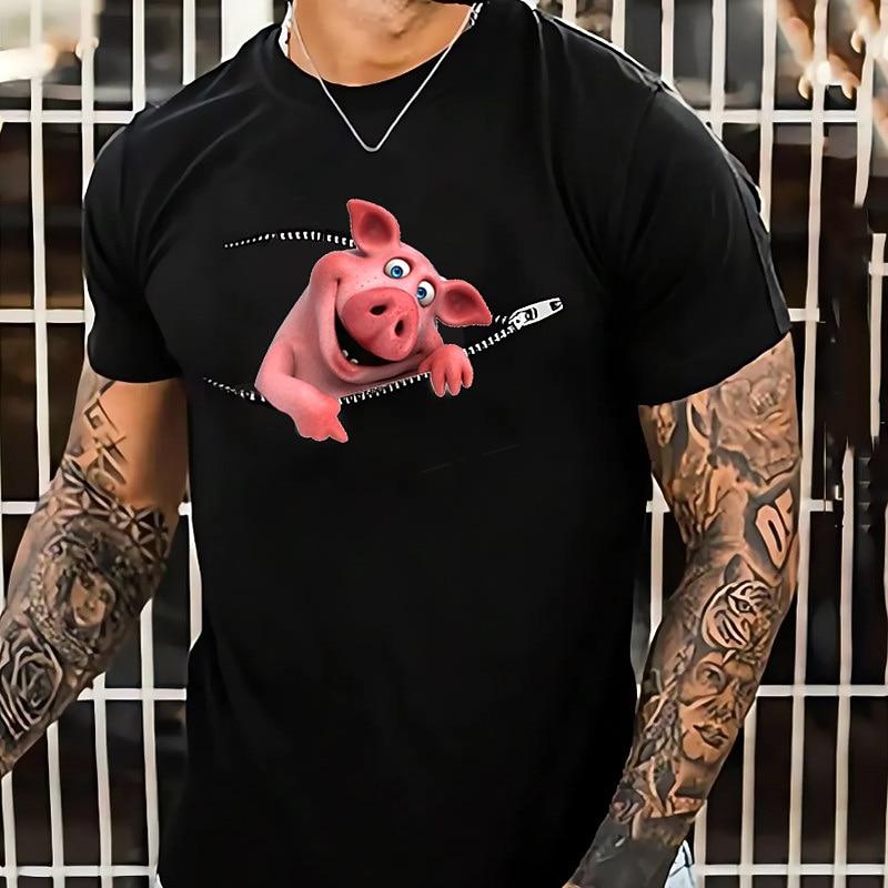 

Men s Graphic T-Shirt | Funny 3D Pig Zipper Illusion | Short Sleeve Casual Maroon Top S