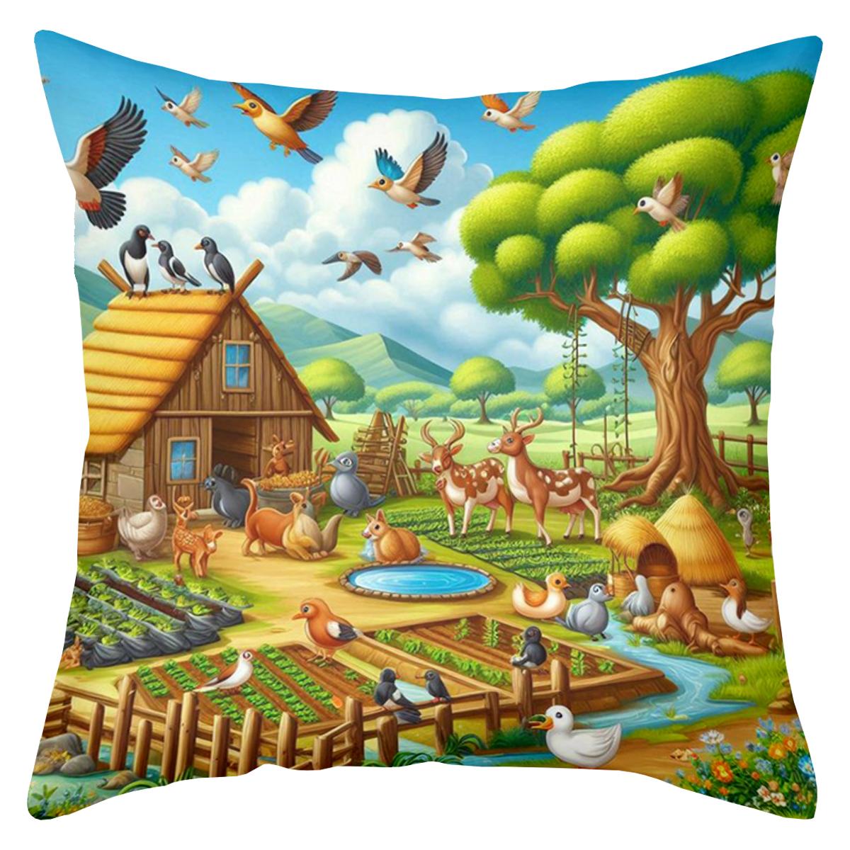 Очаровательный узор с кроликами на ферме и в лесу Декоративные подушки Наволочка из полиэстера, декоративная наволочка для подушки на диван Подушка для изголовья кровати 45x45cm