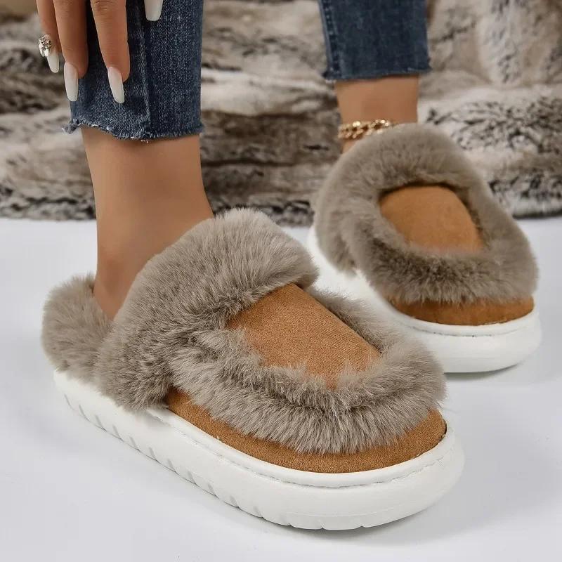 Fashion Fur Snow Slipper Women Korean Platform Slippers Luxurious Long Plush Warm Soft Indoor Thick Sole Footwear Cotten Shoes 2024
