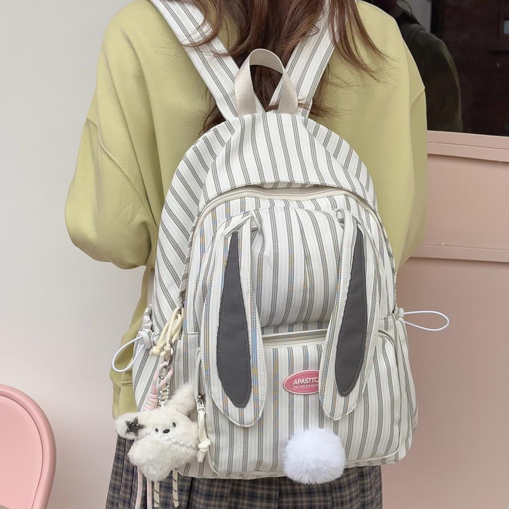 Schoolbag Korean Version Sweet Cartoon Schoolbag Female Junior High School Cute Rabbit Ears Backpack Fashion Striped Class Commuter Backpack