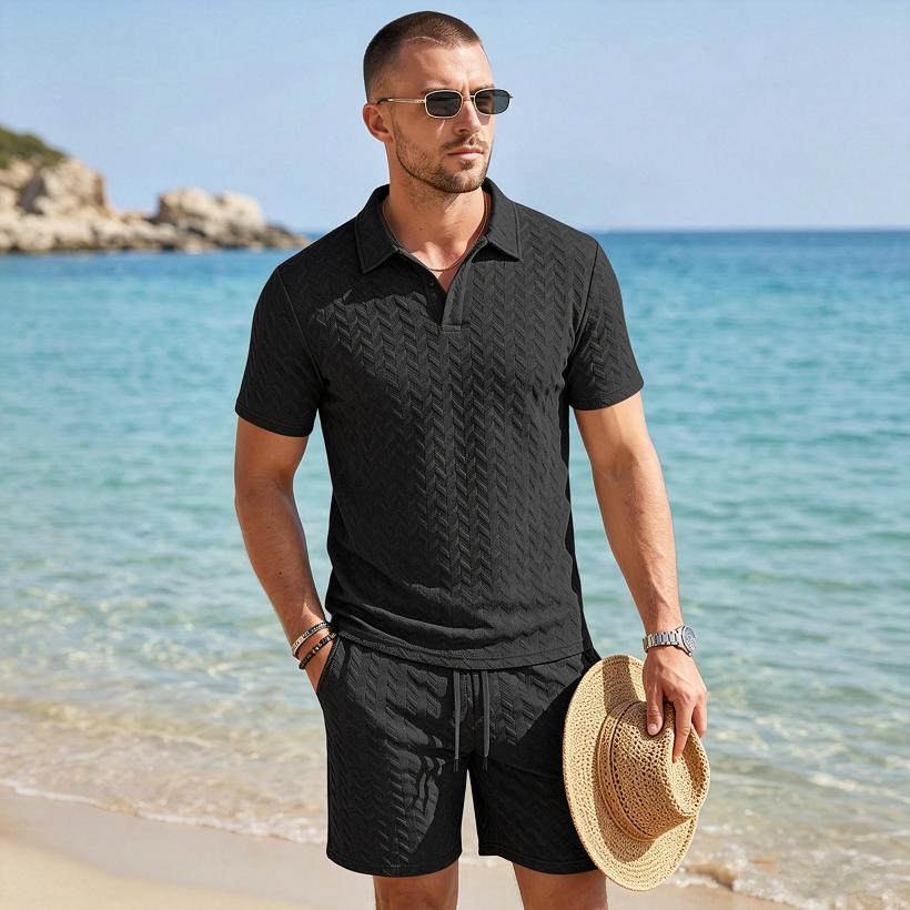 Summer New Men's Polo Shirt Set Casual Sporty Cool Fashionable Slim Fit Solid Color Short Sleeved Jacquard Shorts Set Men's