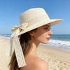 Sun Hat Lace Bow Decor Flat Top Wide Brim Straw Hat Hand-Woven Sunproof Windproof Summer Beach Picnic Basin Hat