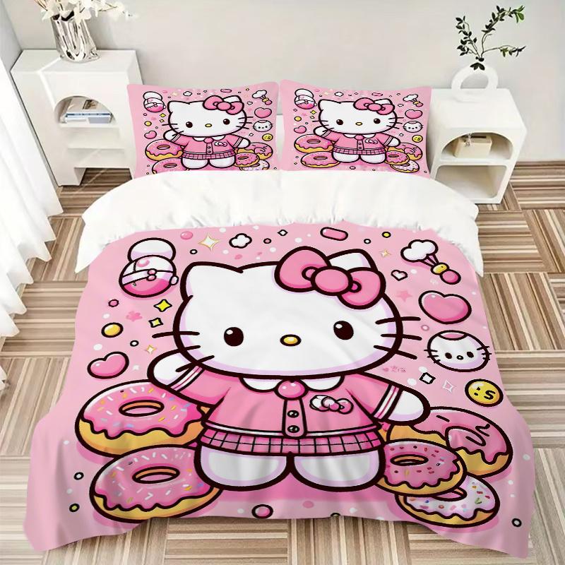 3pcs Dessert cartoon Kitty Printed Bedding Set, Soft and Comfortable Quilt Cover for Bedroom, Guest Room ( Not Included).H019